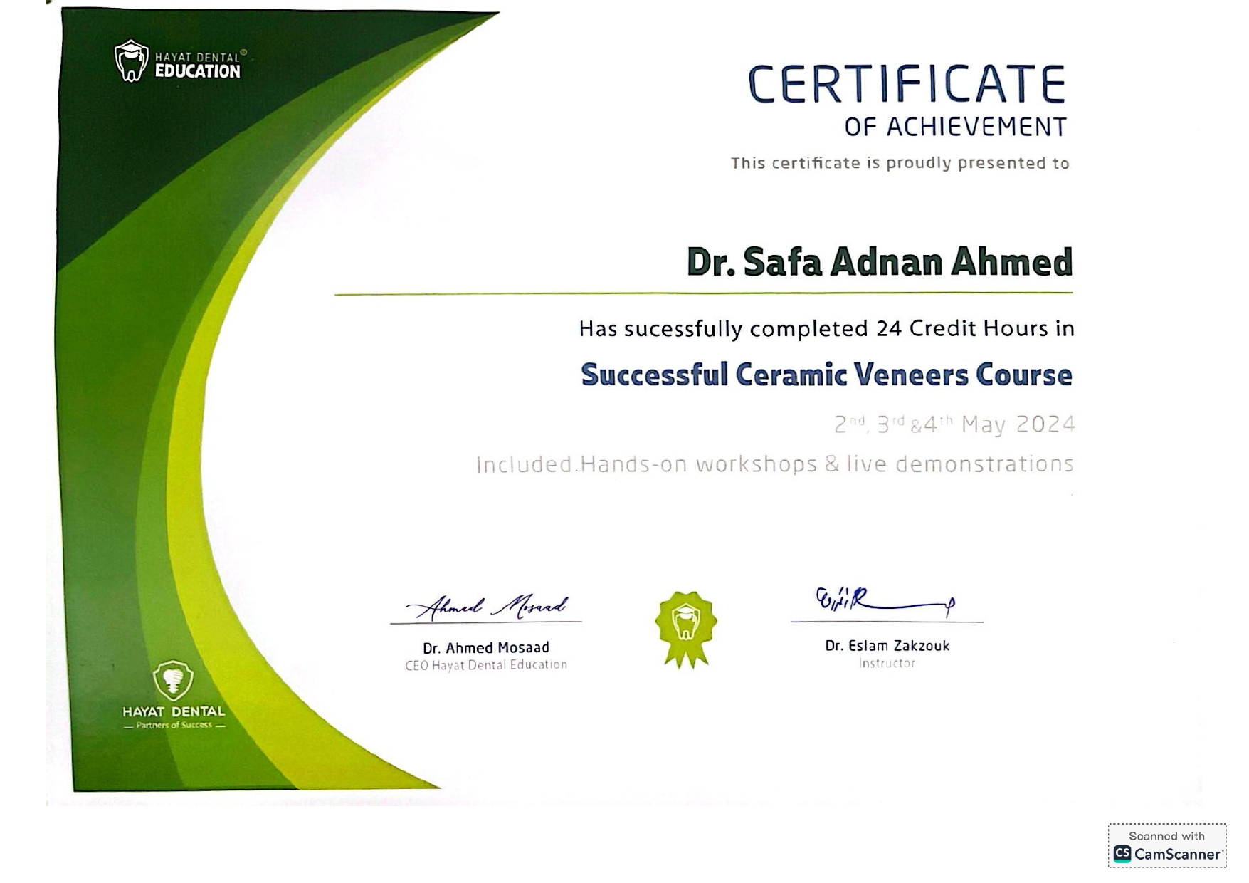 Successful Ceramic Veneers Course Certificate of Achievement